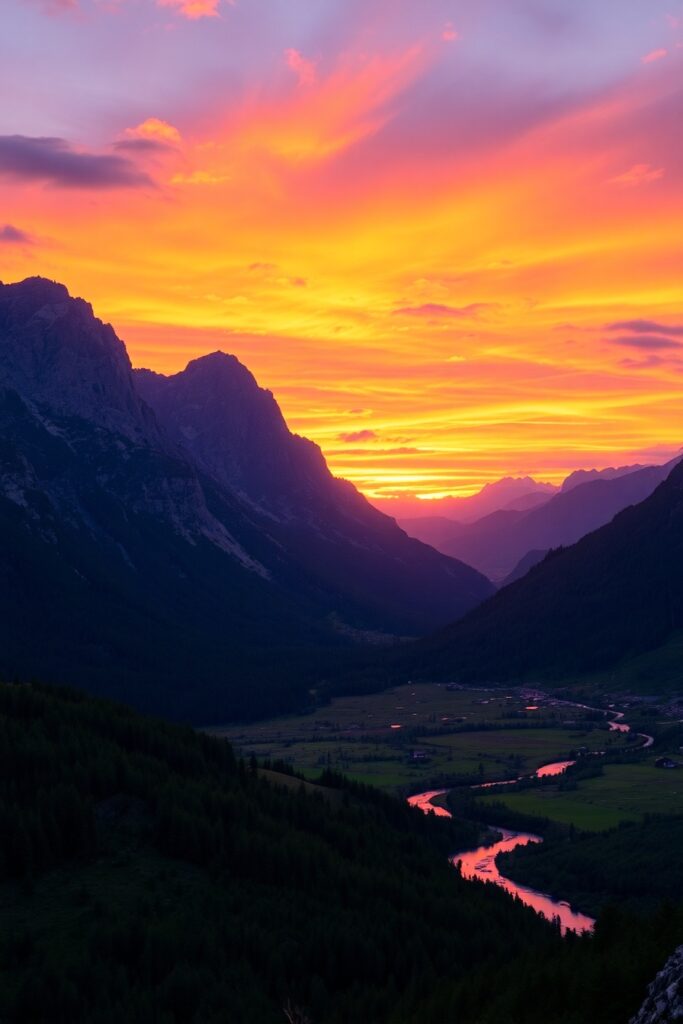 Dramatic Mountain Range at Sunset – free AI stock image