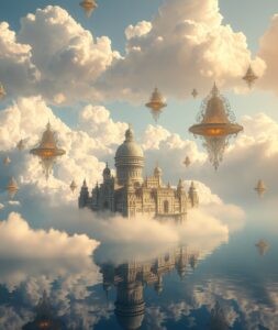 Dreamlike Cities Beneath Floating Skies – free AI stock image