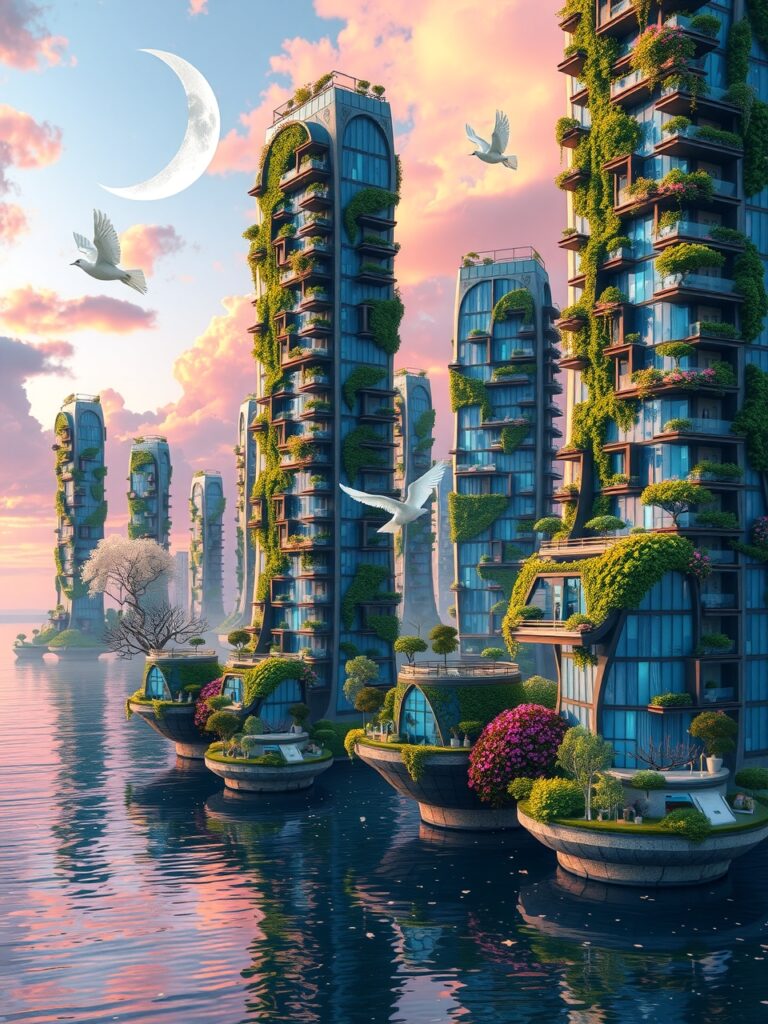 Dreamlike Cityscape with Floating Islands – free AI stock image