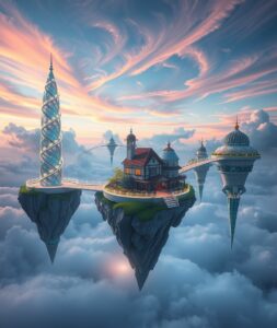 Dreamlike Cityscape with Floating Islands – free AI stock image