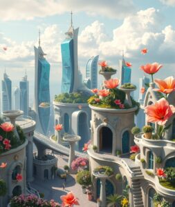 Dreamlike Cityscape with Floating Islands – free AI stock image