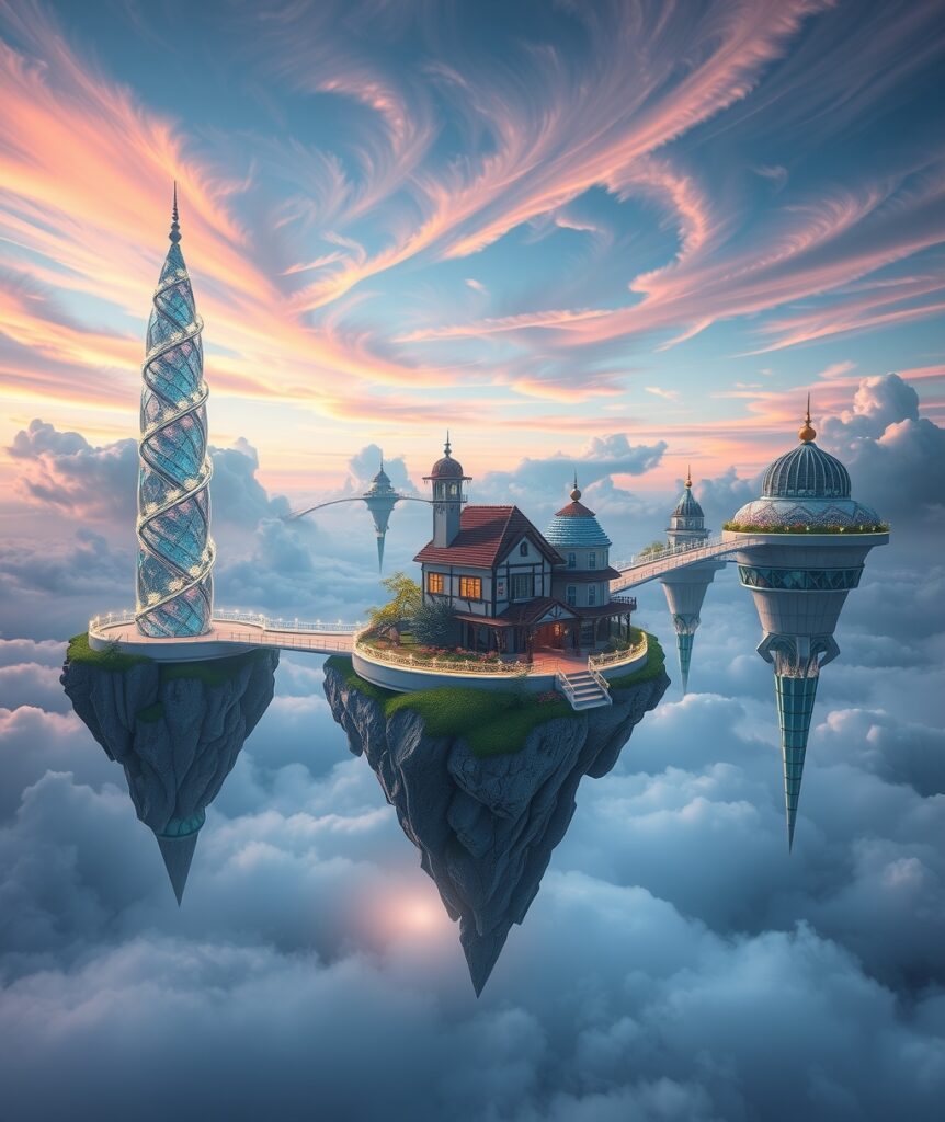 Dreamlike Cityscape with Floating Islands – free AI stock image
