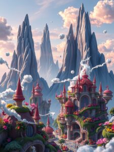 Dreamlike Cityscape with Floating Mountains – free AI stock image