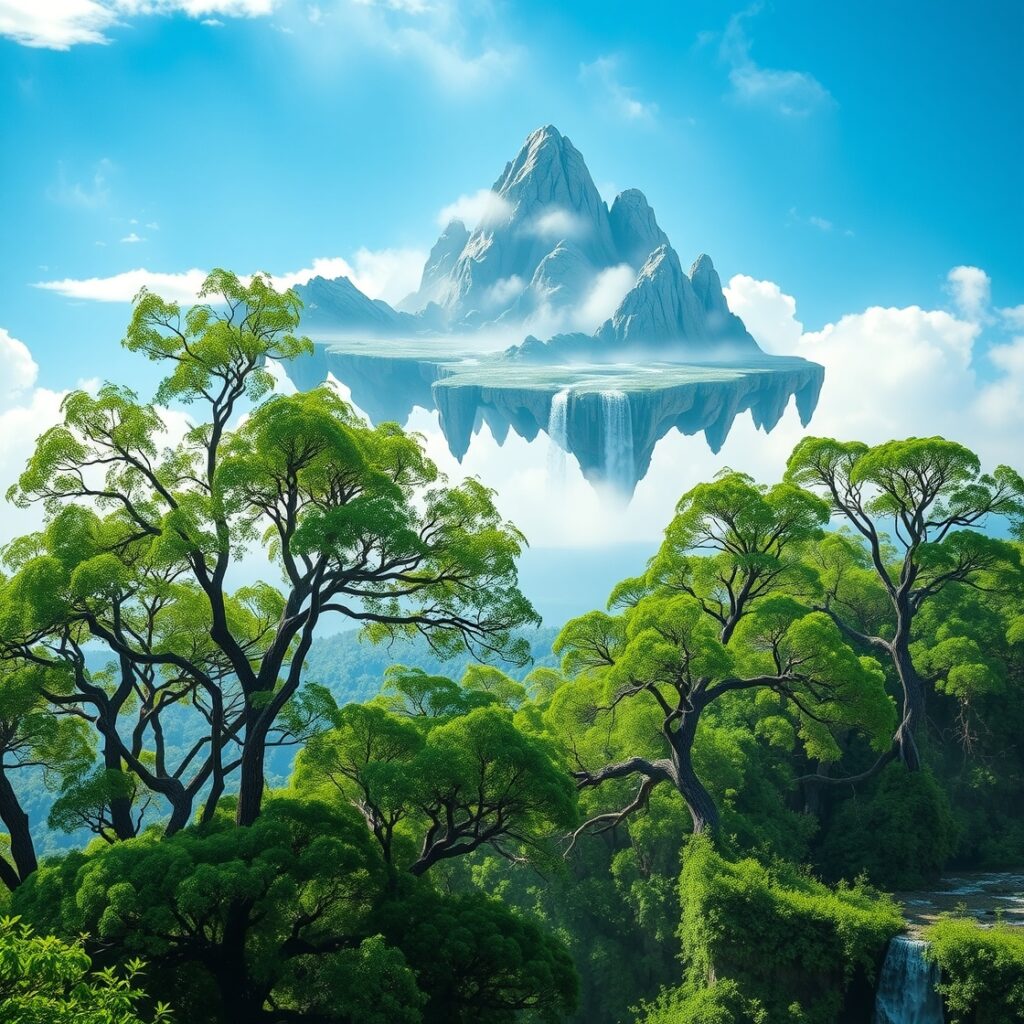 Dreamlike Forest Beneath Floating Mountains – free AI stock image