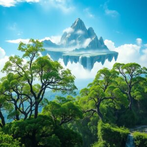 Dreamlike Forest Beneath Floating Mountains – free AI stock image