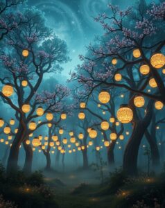 Dreamlike Forest of Floating Lanterns – free AI stock image