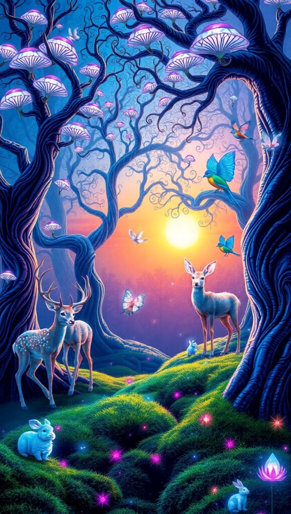 Dreamlike Forest with Floating Animals – free AI stock image