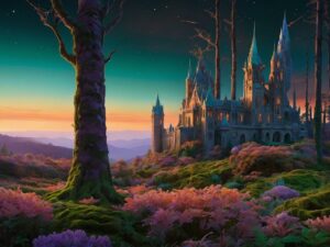 Dreamlike Forest with Floating Castles – free AI stock image