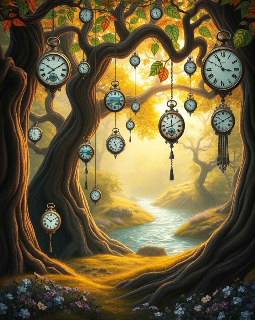 Dreamlike Forest with Floating Clocks – free AI stock image
