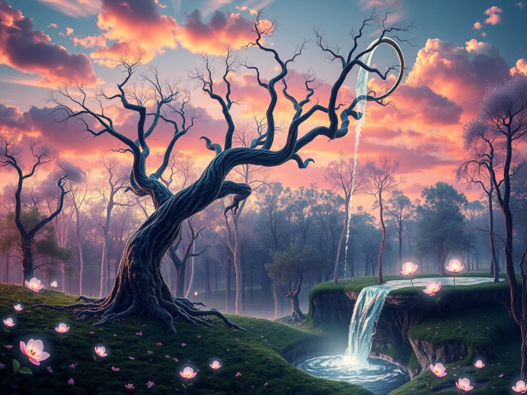 Dreamlike Forest with Floating Clouds and Waterfall – free AI stock image