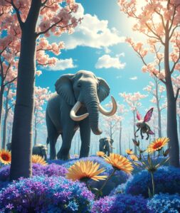 Dreamlike Forest with Floating Elephants – free AI stock image