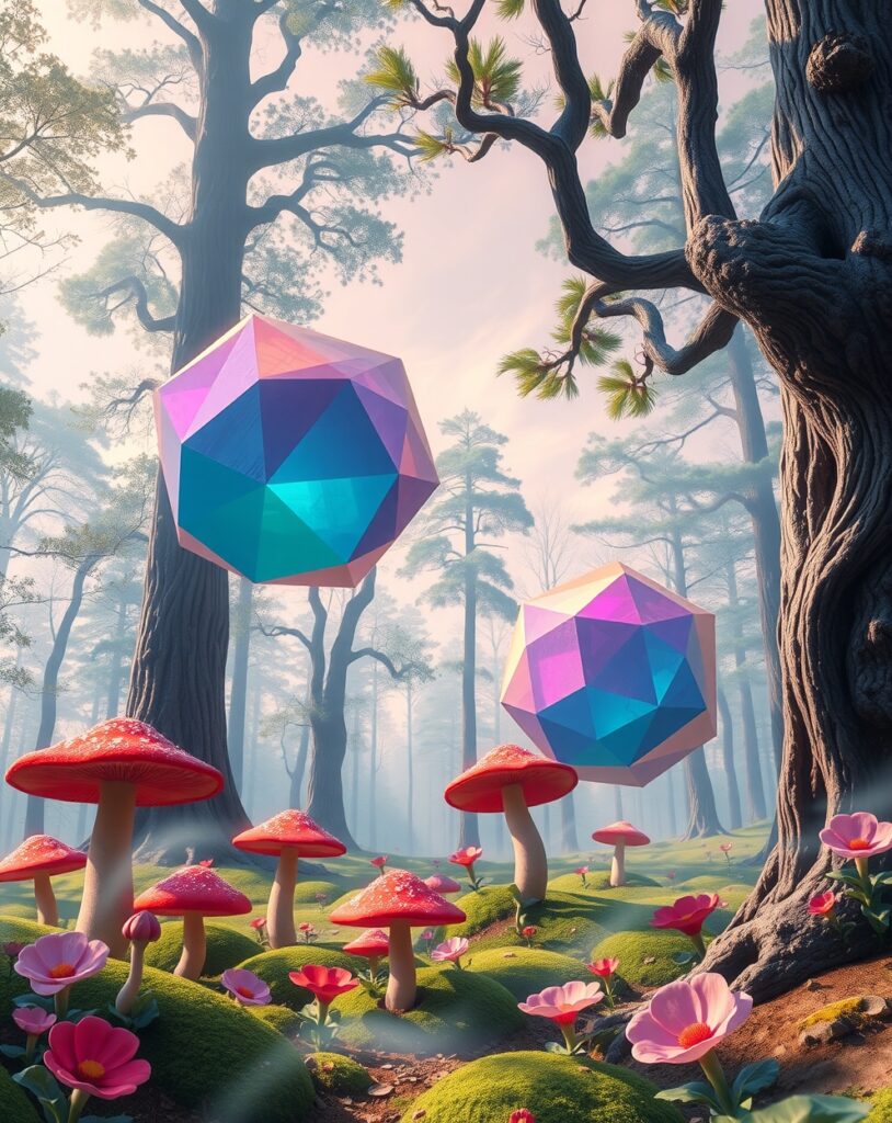 Dreamlike Forest with Floating Geometry – free AI stock image