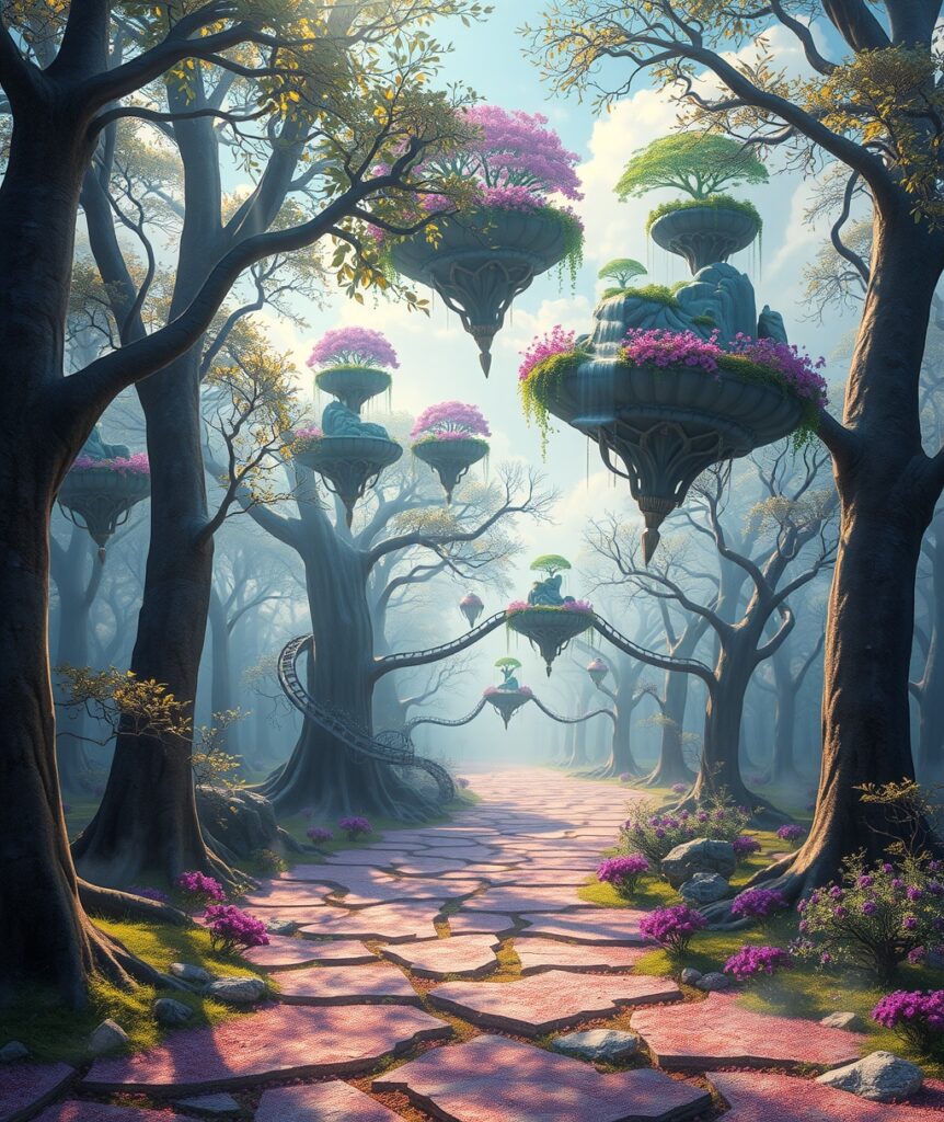 Dreamlike Forest with Floating Islands – free AI stock image