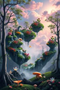 Dreamlike Forest with Floating Islands – free AI stock image