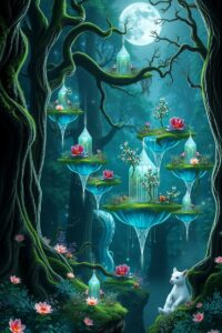 Dreamlike Forest with Floating Islands and Stars – free AI stock image