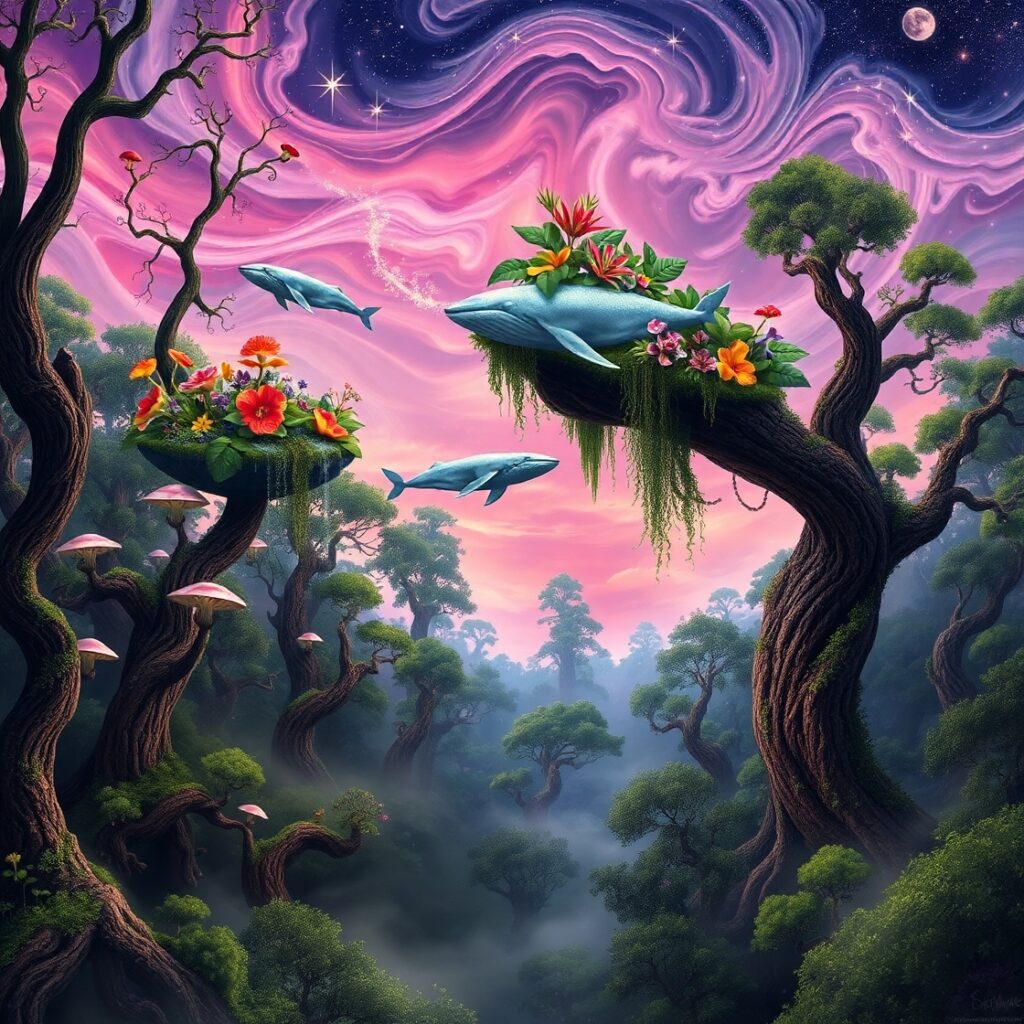 Dreamlike Forest with Floating Islands and Whales – free AI stock image