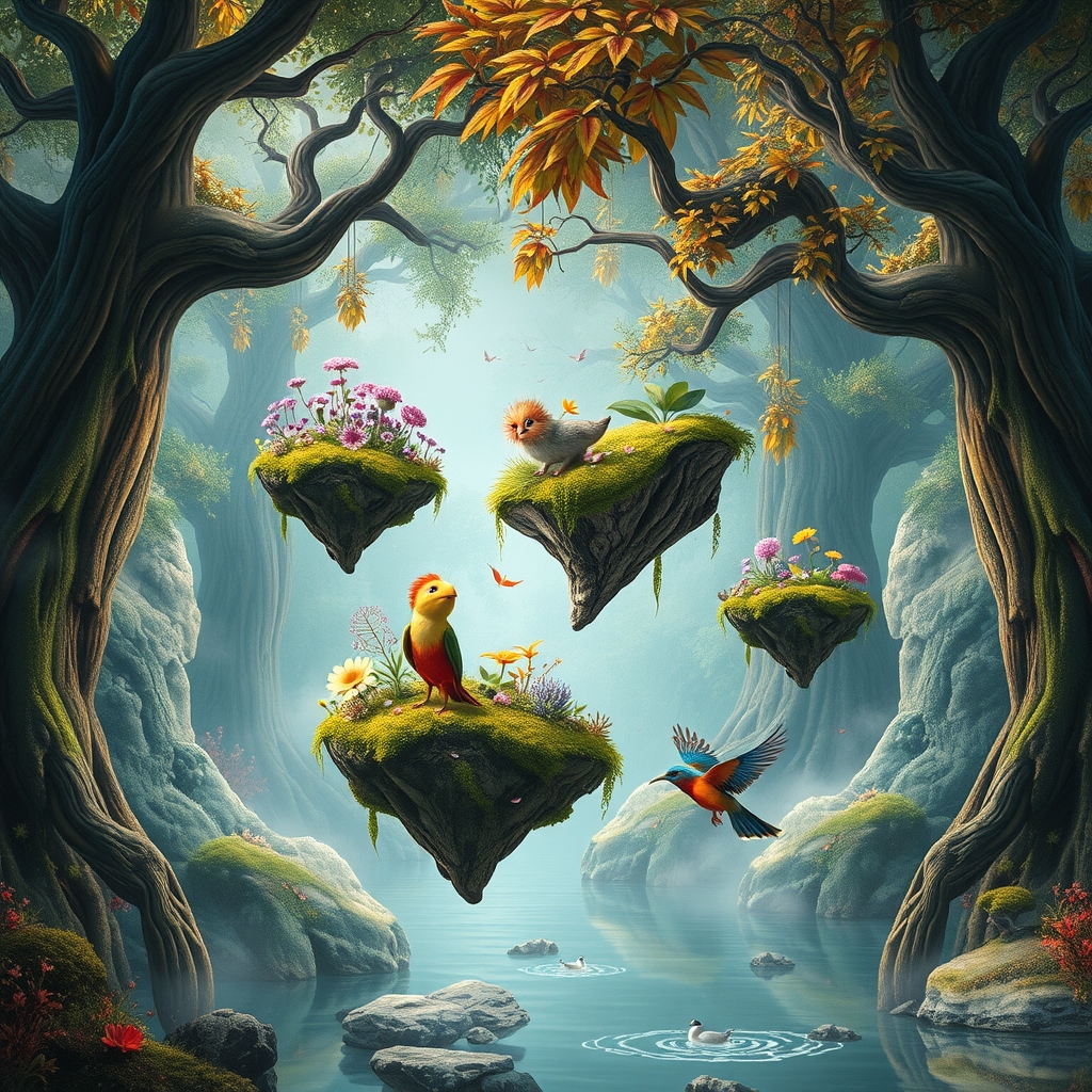Dreamlike Forest with Floating Islands – free AI stock image