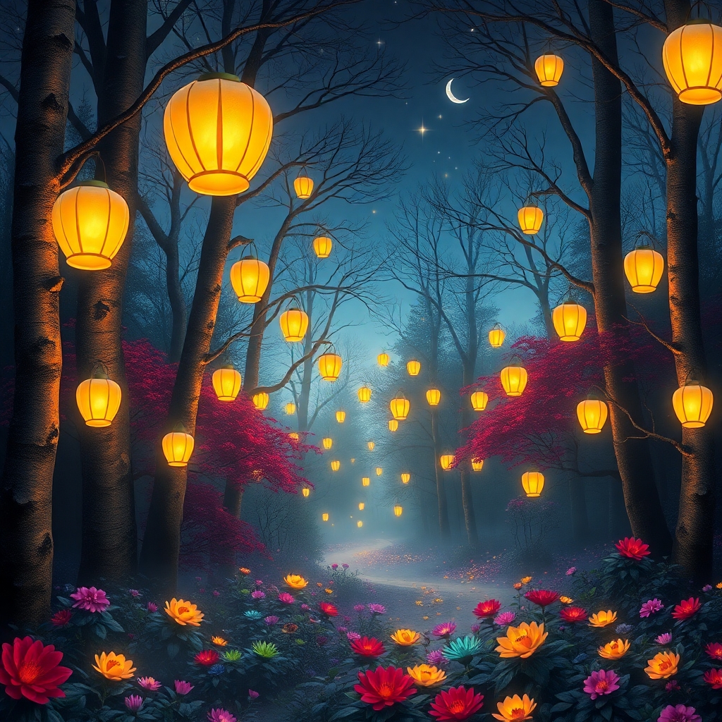 Dreamlike Forest with Floating Lanterns – free AI stock image