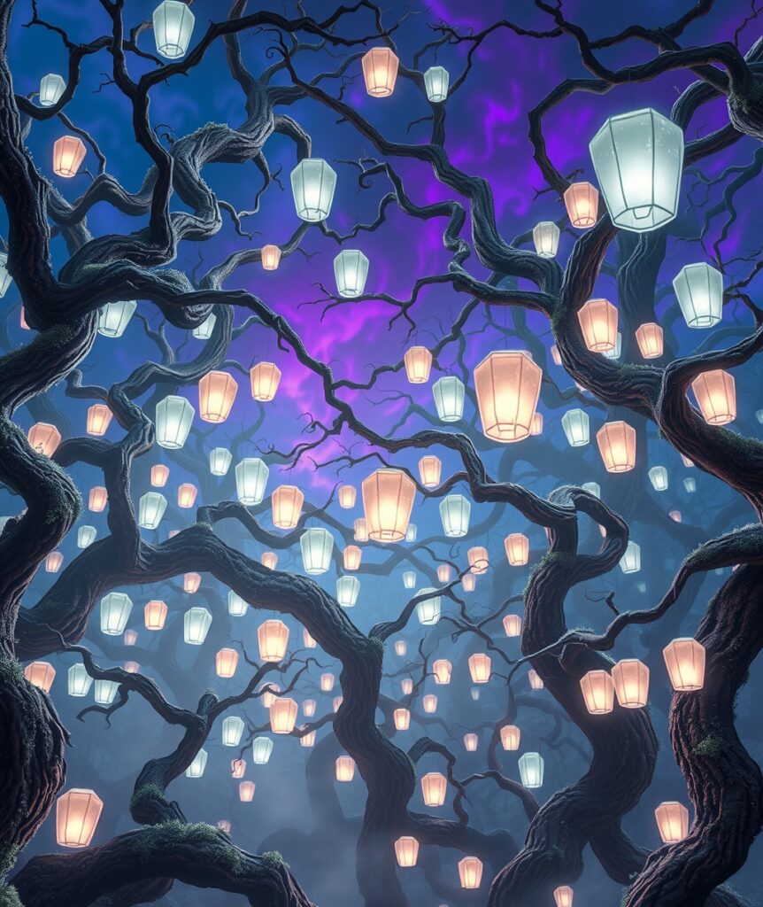 Dreamlike Forest with Floating Lanterns – free AI stock image
