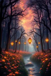 Dreamlike Forest with Floating Lanterns – free AI stock image