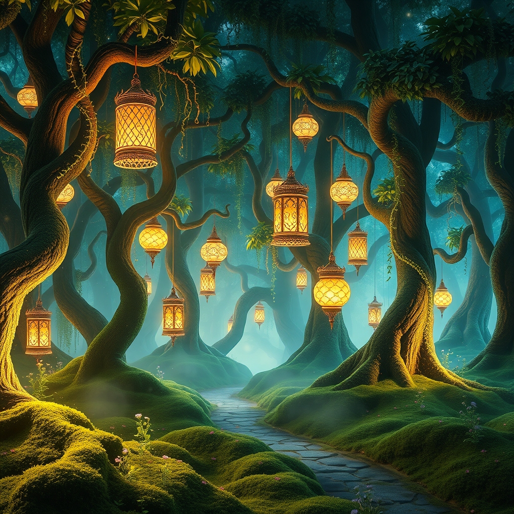 Dreamlike Forest with Floating Lanterns – free AI stock image