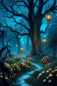 Dreamlike Forest with Floating Lanterns – free AI stock image