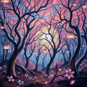 Dreamlike Forest with Floating Lights – free AI stock image