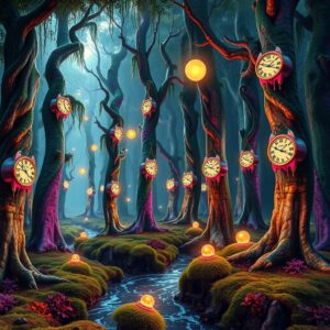 Dreamlike Forest with Floating Objects – free AI stock image