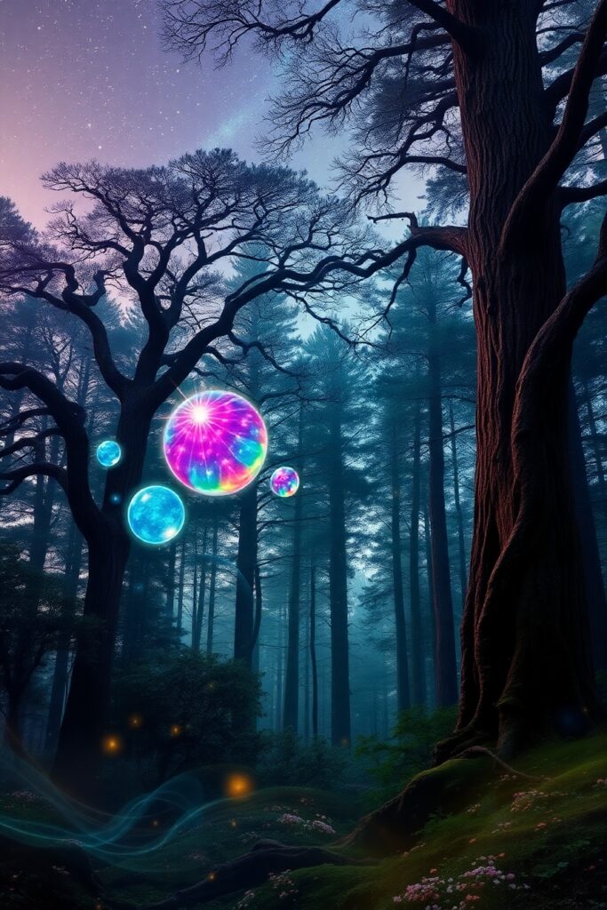 Dreamlike Forest with Floating Orbs – free AI stock image