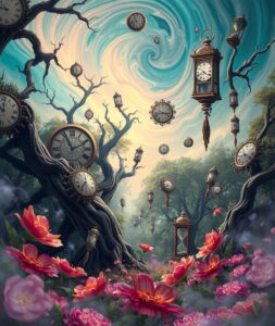 Dreamlike Forest with Floating Timepieces – free AI stock image