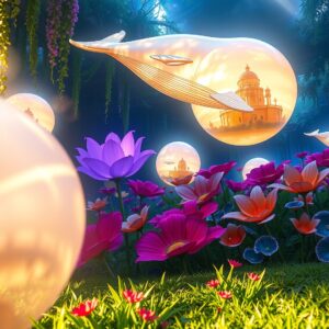 Dreamlike Garden of Floating Orbs and Whales – free AI stock image
