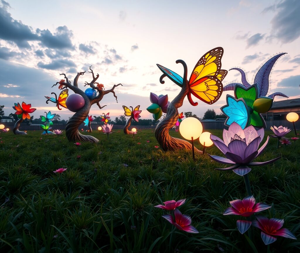 Dreamlike Garden of Floating Sculptures – free AI stock image