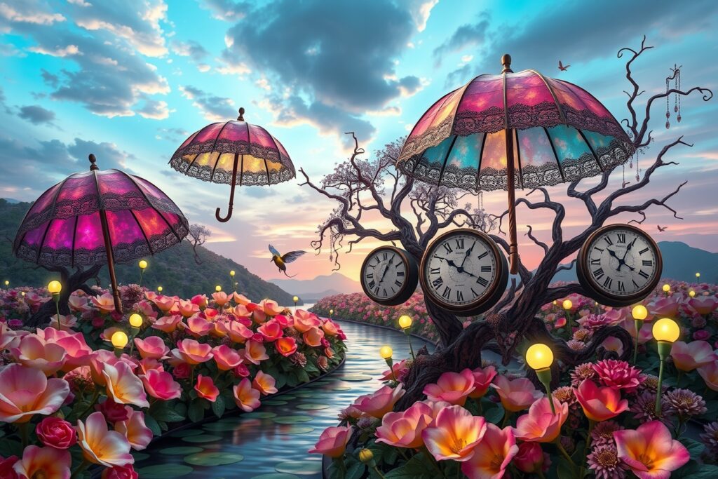 Dreamlike Garden with Floating Objects – free AI stock image