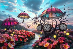 Dreamlike Garden with Floating Objects – free AI stock image