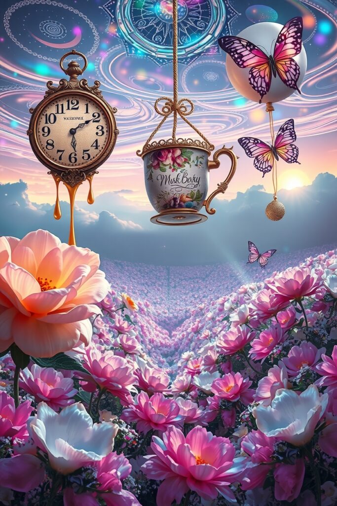 Dreamlike Garden with Floating Objects – free AI stock image