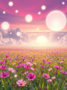 Dreamlike Garden with Floating Orbs and Clouds – free AI stock image