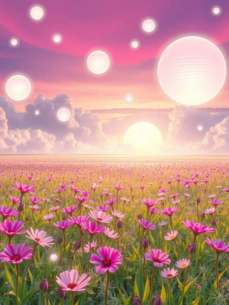Dreamlike Garden with Floating Orbs and Clouds – free AI stock image