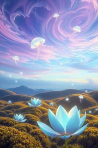 Dreamlike Landscape with Floating Creatures – free AI stock image