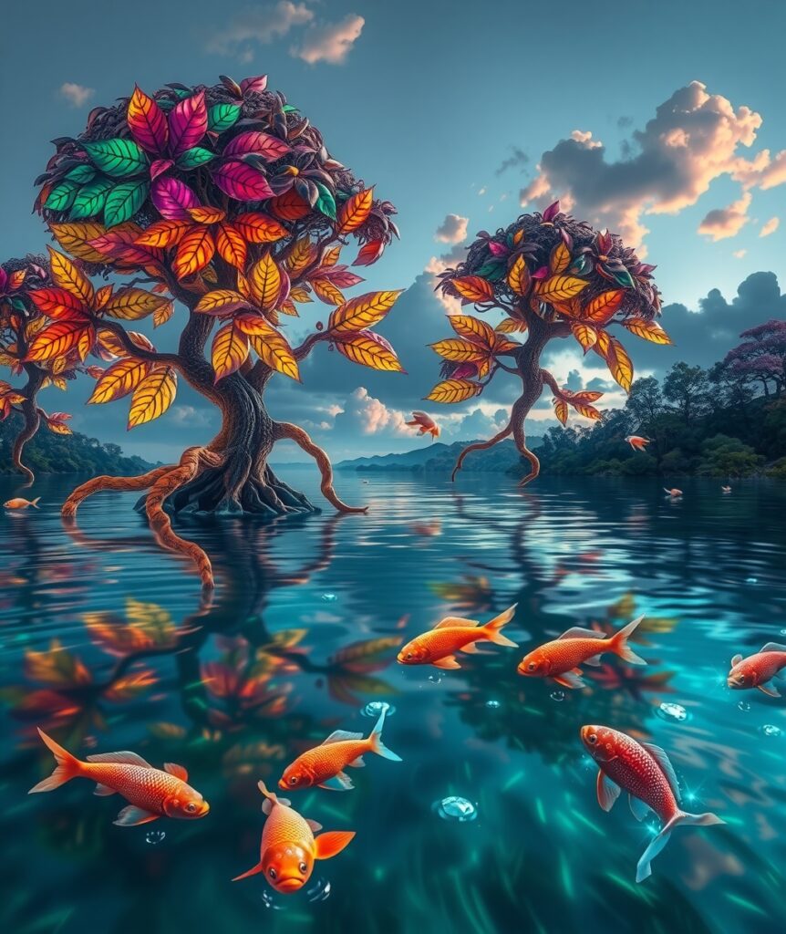 Dreamlike Landscape with Floating Fish and Trees – free AI stock image