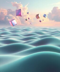 Dreamlike Landscape with Floating Geometric Shapes – free AI stock image