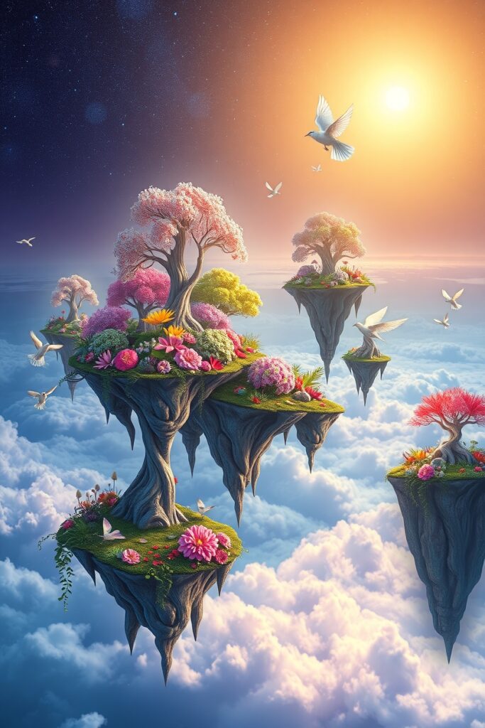 Dreamlike Landscape with Floating Islands and Clouds – free AI stock image
