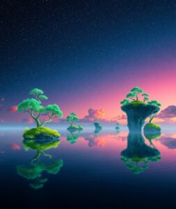 Dreamlike Landscape with Floating Islands and Stars – free AI stock image