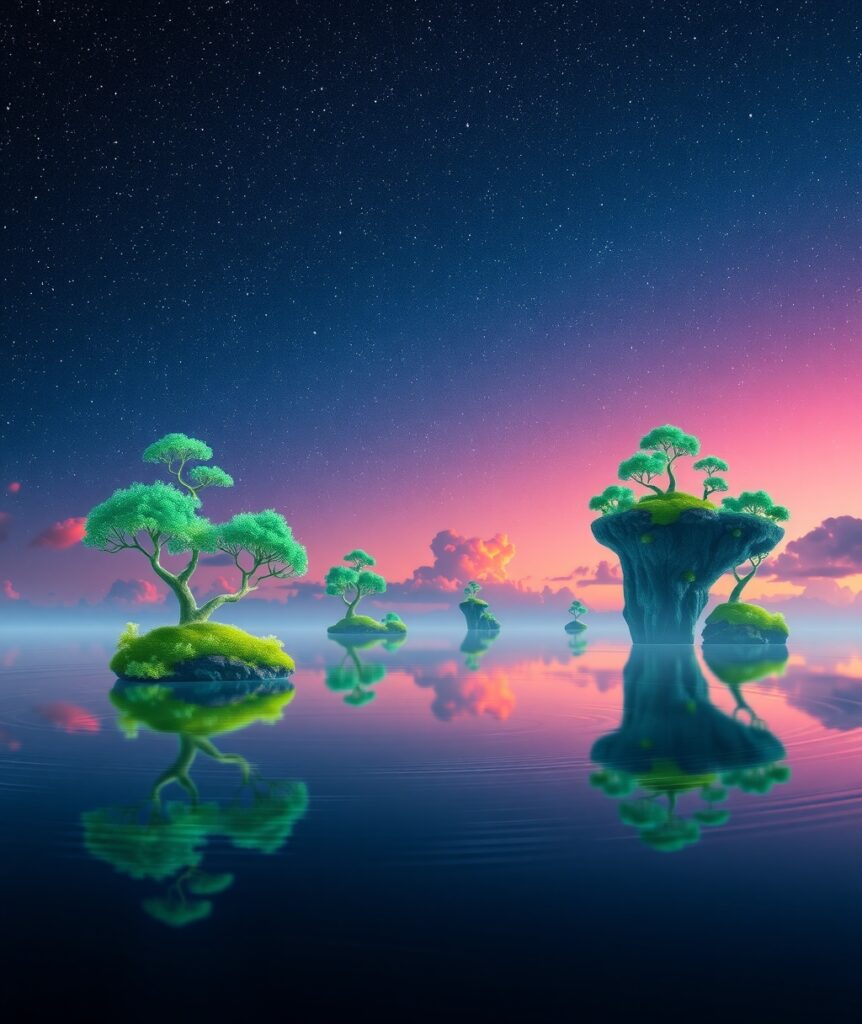 Dreamlike Landscape with Floating Islands and Stars – free AI stock image