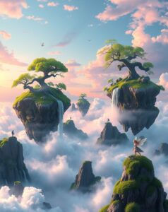 Dreamlike Landscape with Floating Islands and Waterfalls – free AI stock image