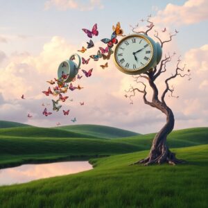 Dreamlike Landscape with Floating Objects – free AI stock image