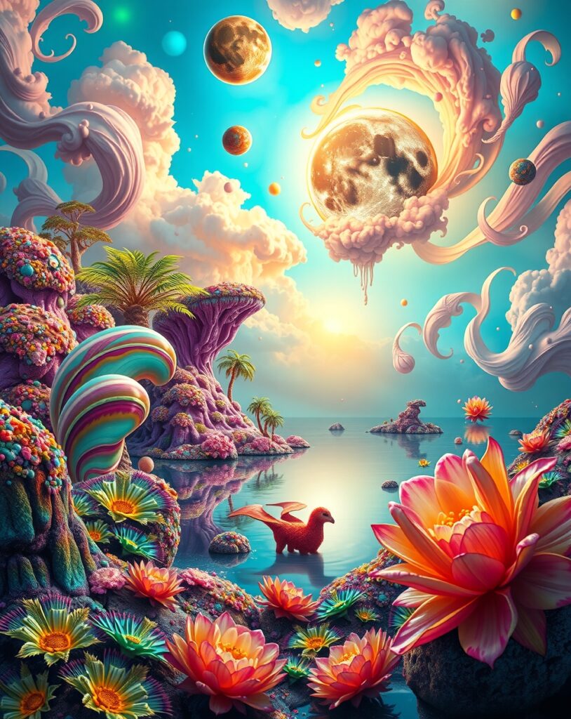 Dreamlike Landscape with Floating Objects – free AI stock image