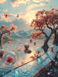 Dreamlike Landscape with Floating Objects – free AI stock image