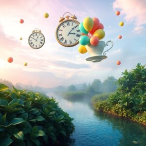 Dreamlike Landscape with Floating Objects – free AI stock image