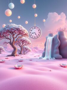 Dreamlike Landscape with Floating Objects – free AI stock image