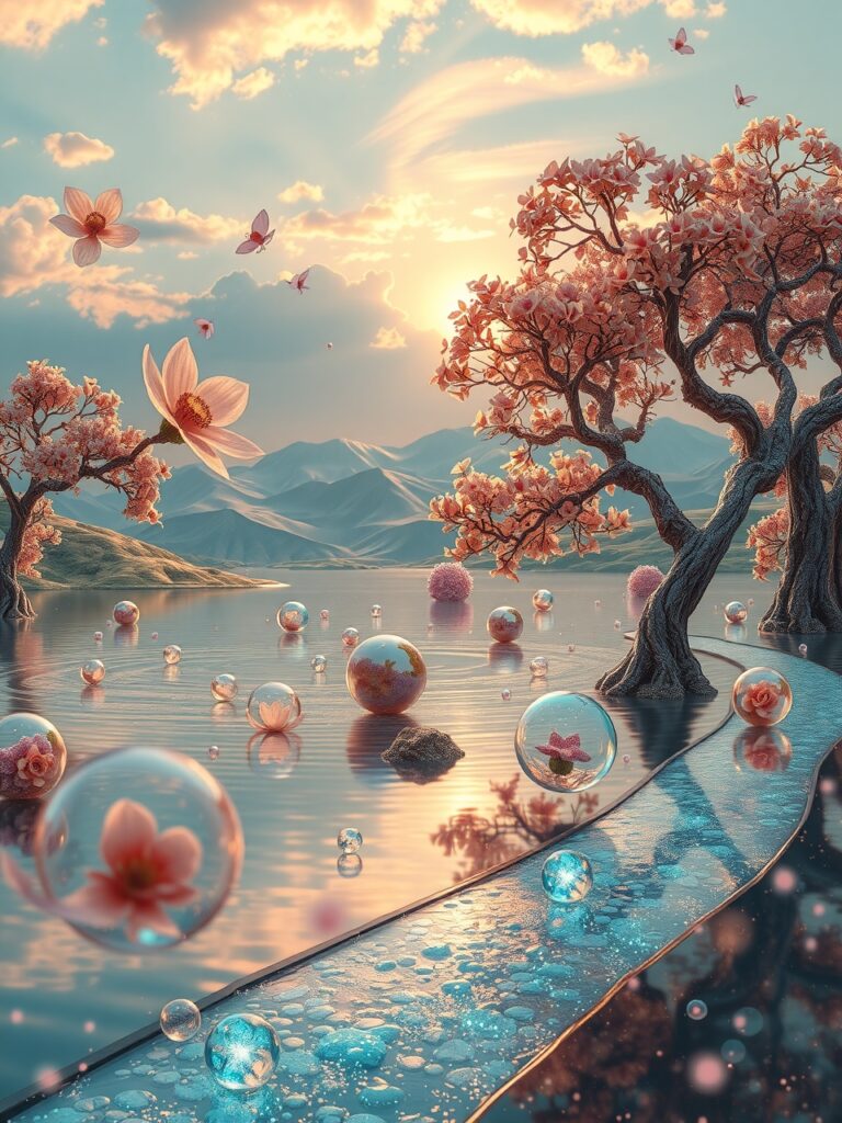 Dreamlike Landscape with Floating Objects – free AI stock image